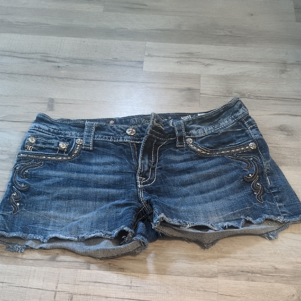 Miss Me Dark Blue Jean Shorts with Embellishments